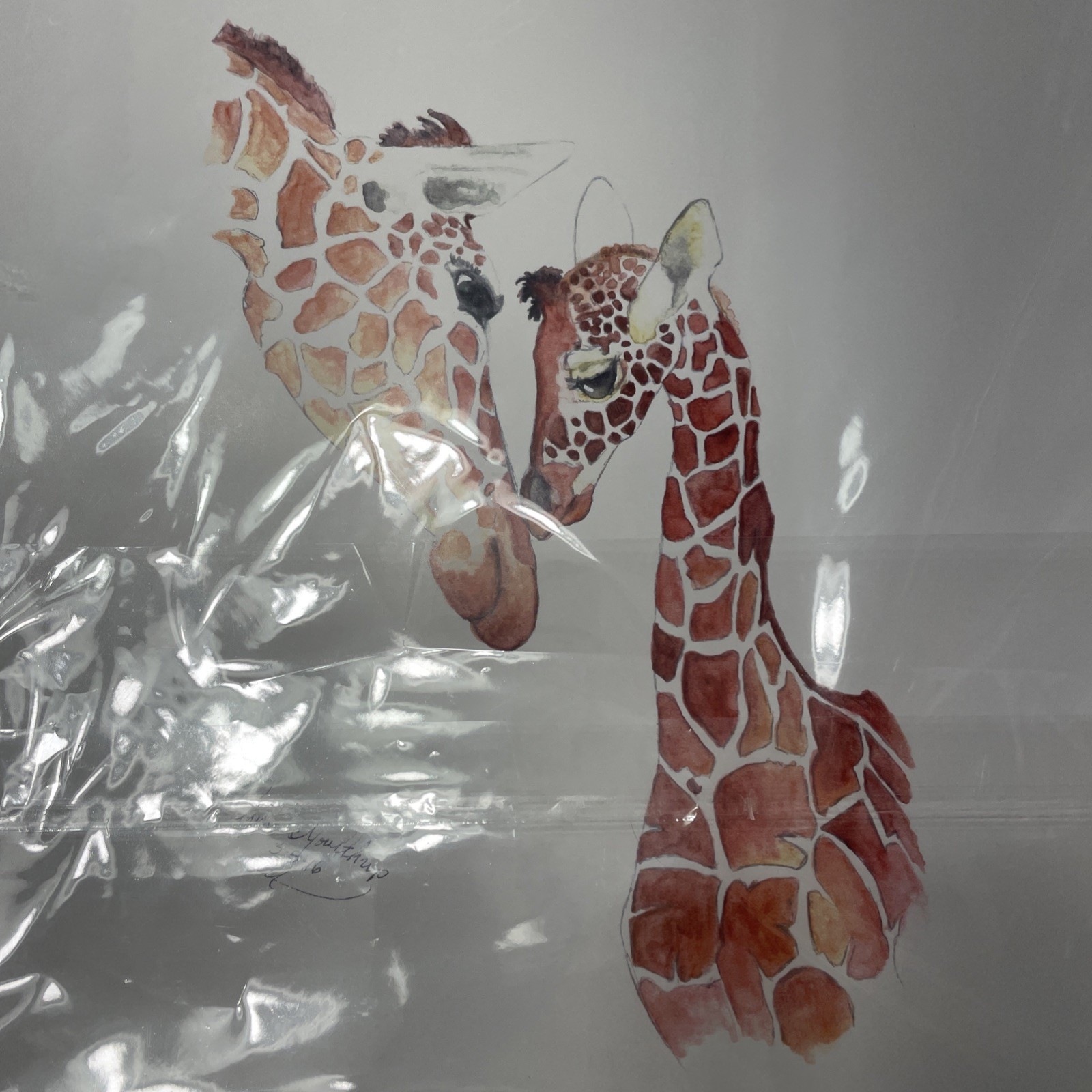 orig signed art work by Regina Moulthrup mother and baby giraffe tender moment