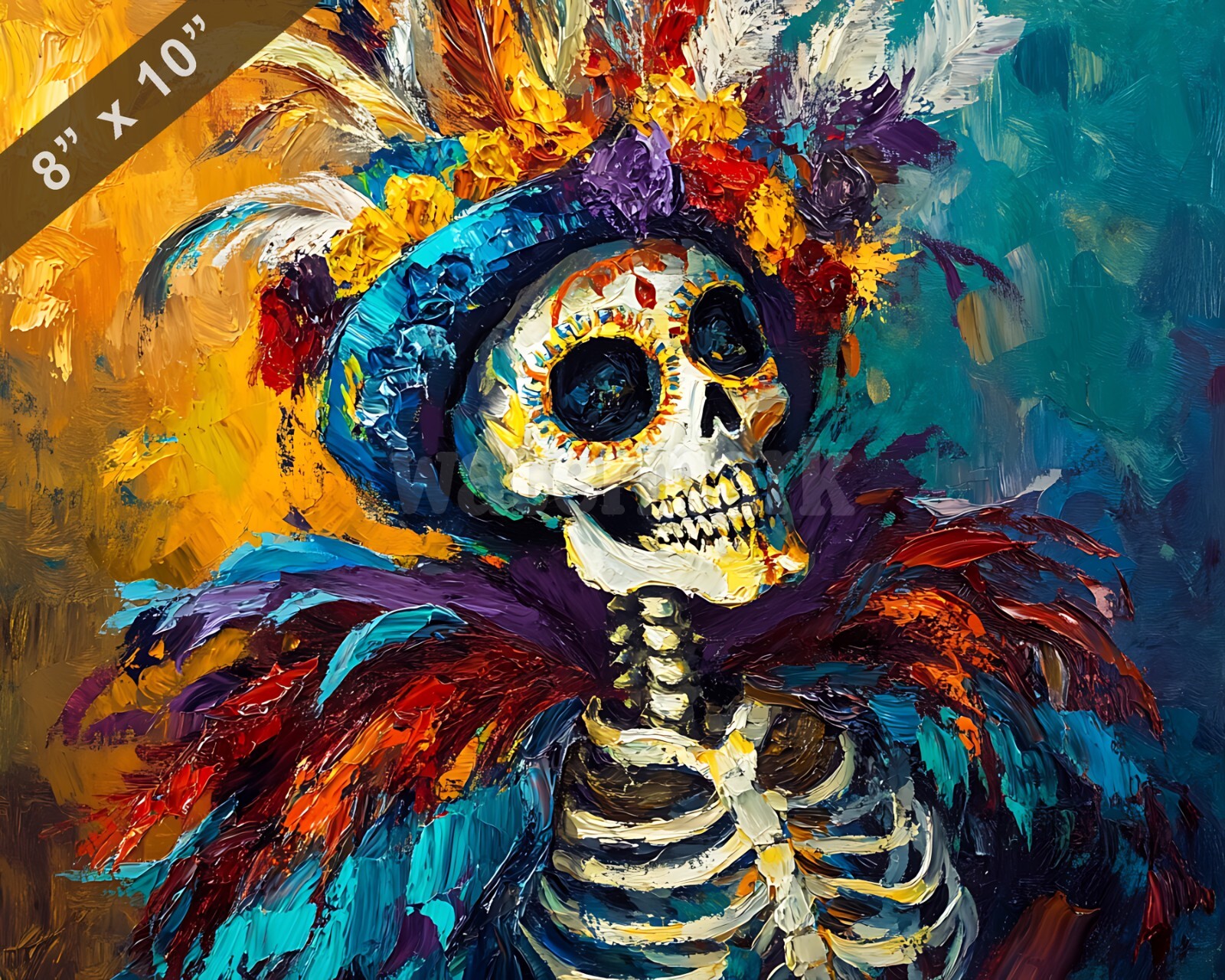 Halloween skeleton in a funny costume oil painting 8×10 Print
