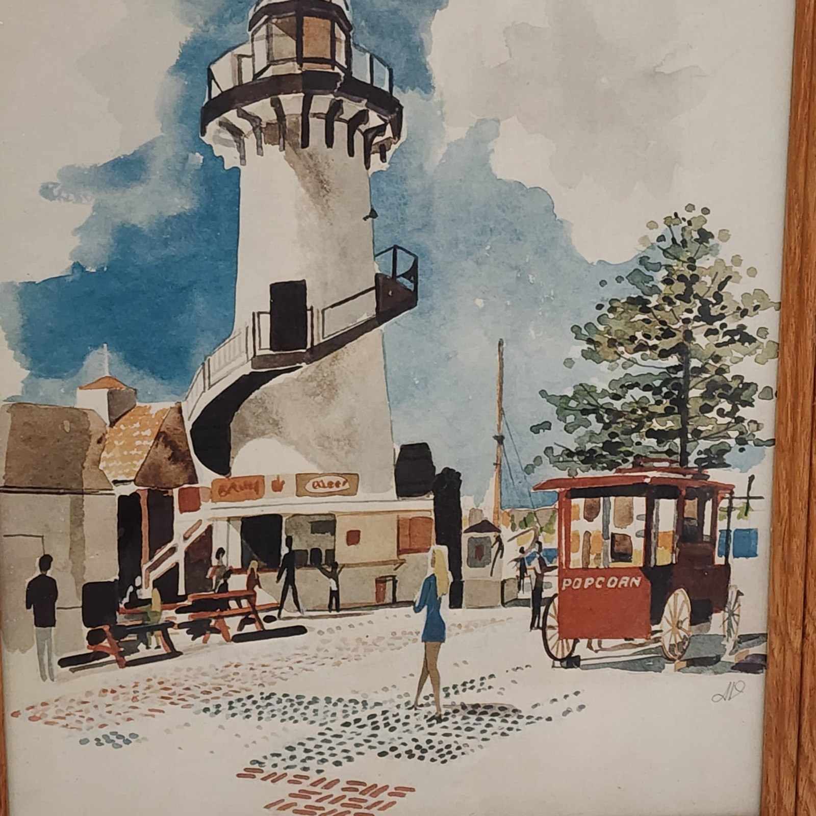Mid-Century Modern Style Marina Del Rey Lighthouse Framed Watercolor Print by AD