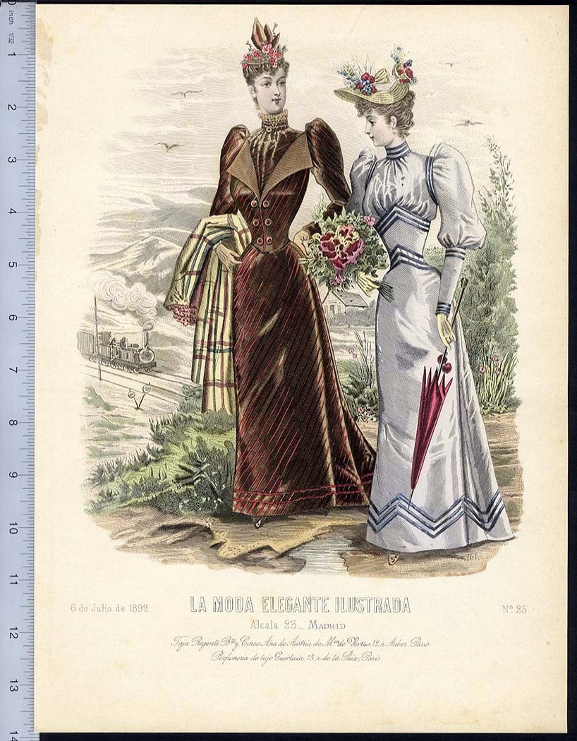 FASHION LADIES Summer 1892 Victorian HAND COLORED Fashion Print LA MODA Madrid