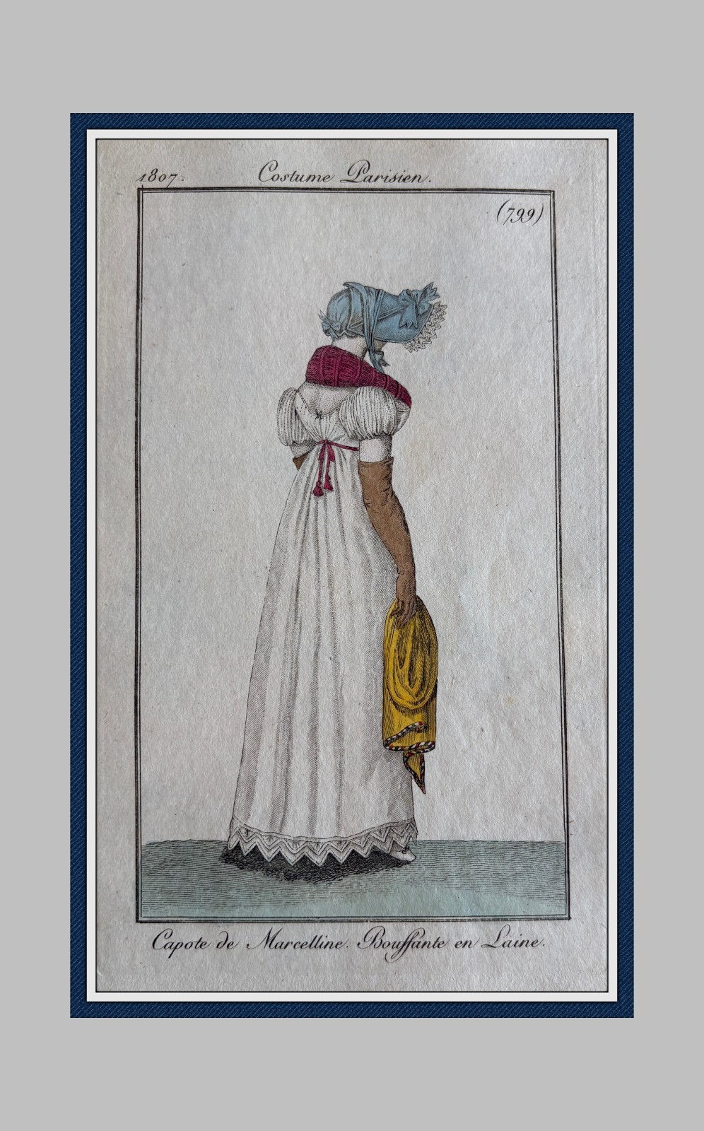 1807 Journal des Dames Costume Parisien Ladies’ Fashion Blue Poke Bonnet (799)
