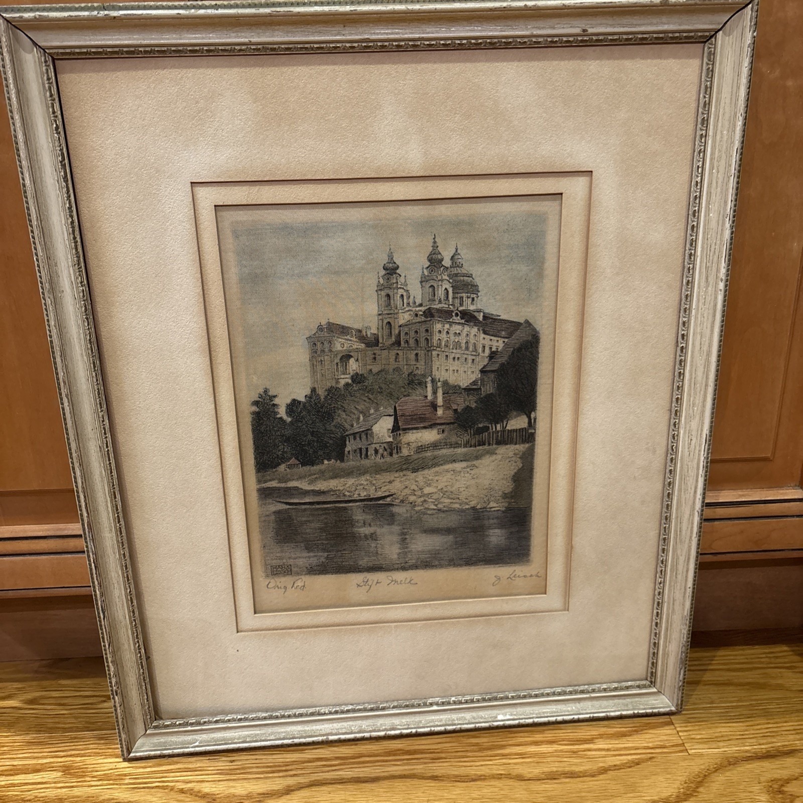 Vintage Hans Leisch ORIGINAL Color Etching on Silk – “Stift Melk” Signed Austria