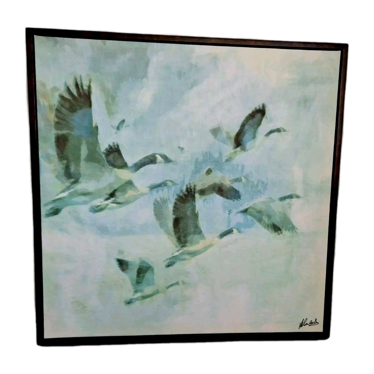 Michael Sanders Box Framed Canvas Print Signed Birds 40cm x 40cm x 4.5cm Green