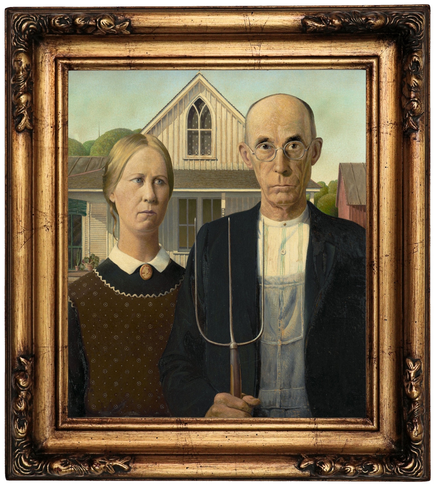 Grant Wood American Gothic Farmer with Pichfork Framed Canvas Print Repro 12×14