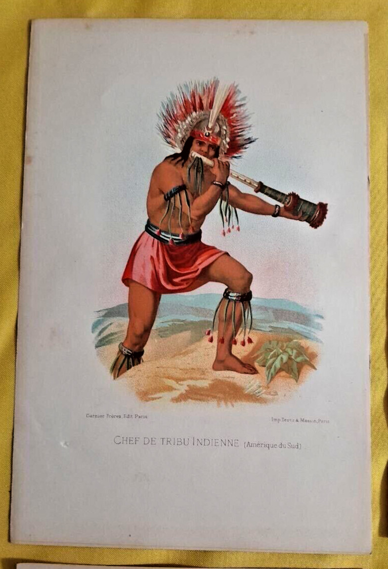1876 RARE VINTAGE CHIEF TRIBU INDIENNE SOUTH AMERICA CHROMO PARIS HUMAN RACE C1