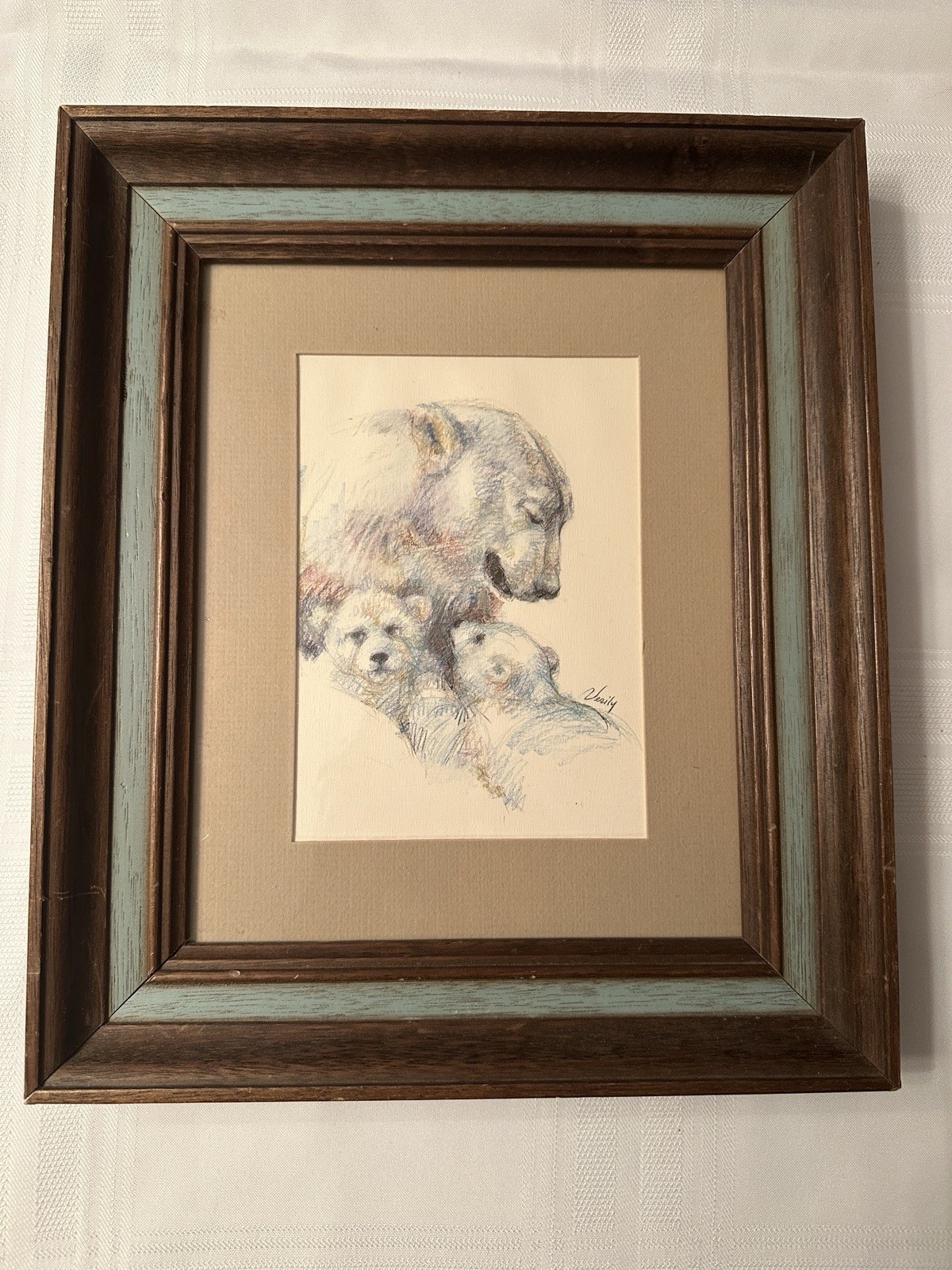 Vintage Print Of Polar Bear Mom And 2 Cubs In A Custom Wooden Frame
