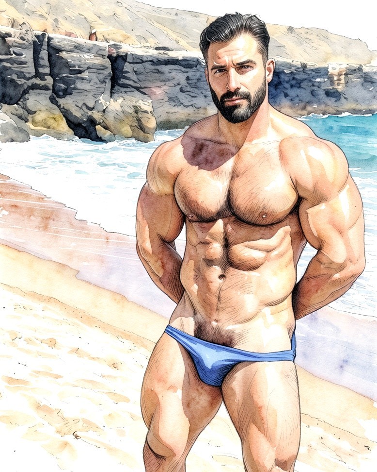 Watercolor Style Muscular Male Art Print – Limited Edition #9152