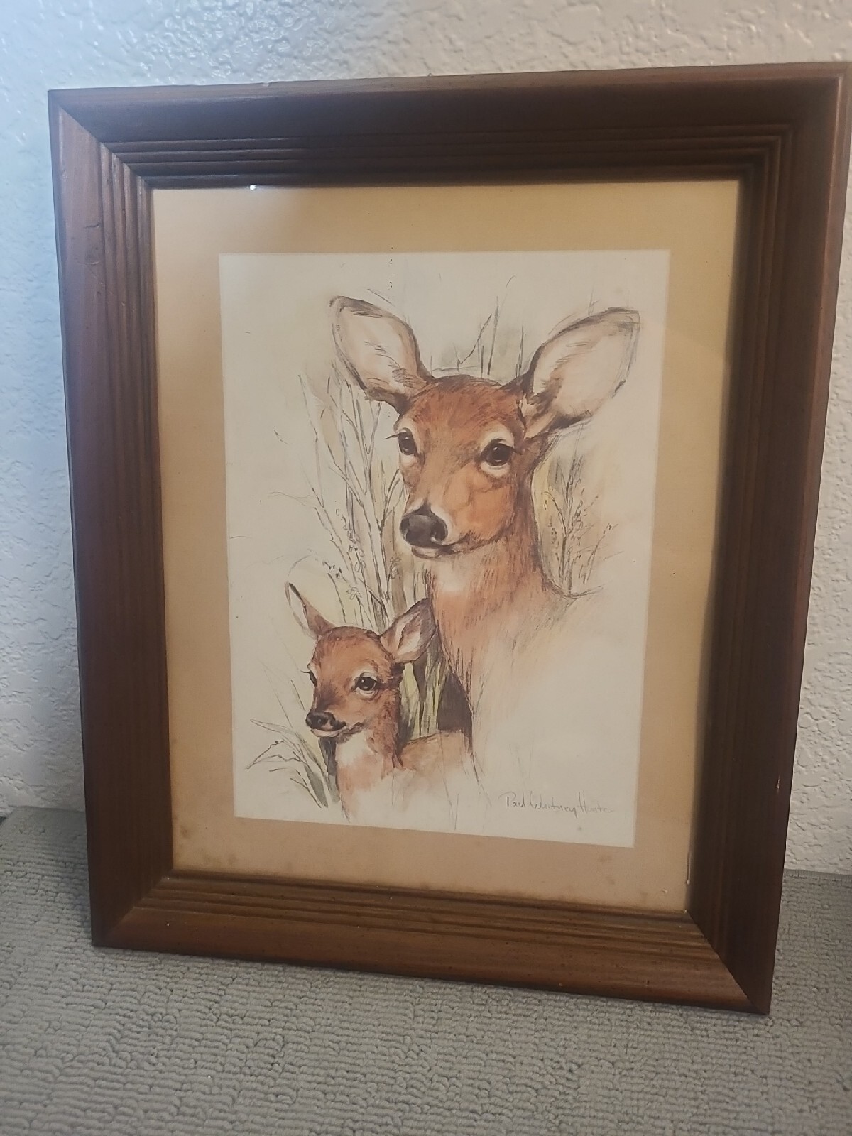 Paul Whitney Hunter – “Deer & Fawn” – Vintage Framed Print – 16 1/4” X 13 1/2”
