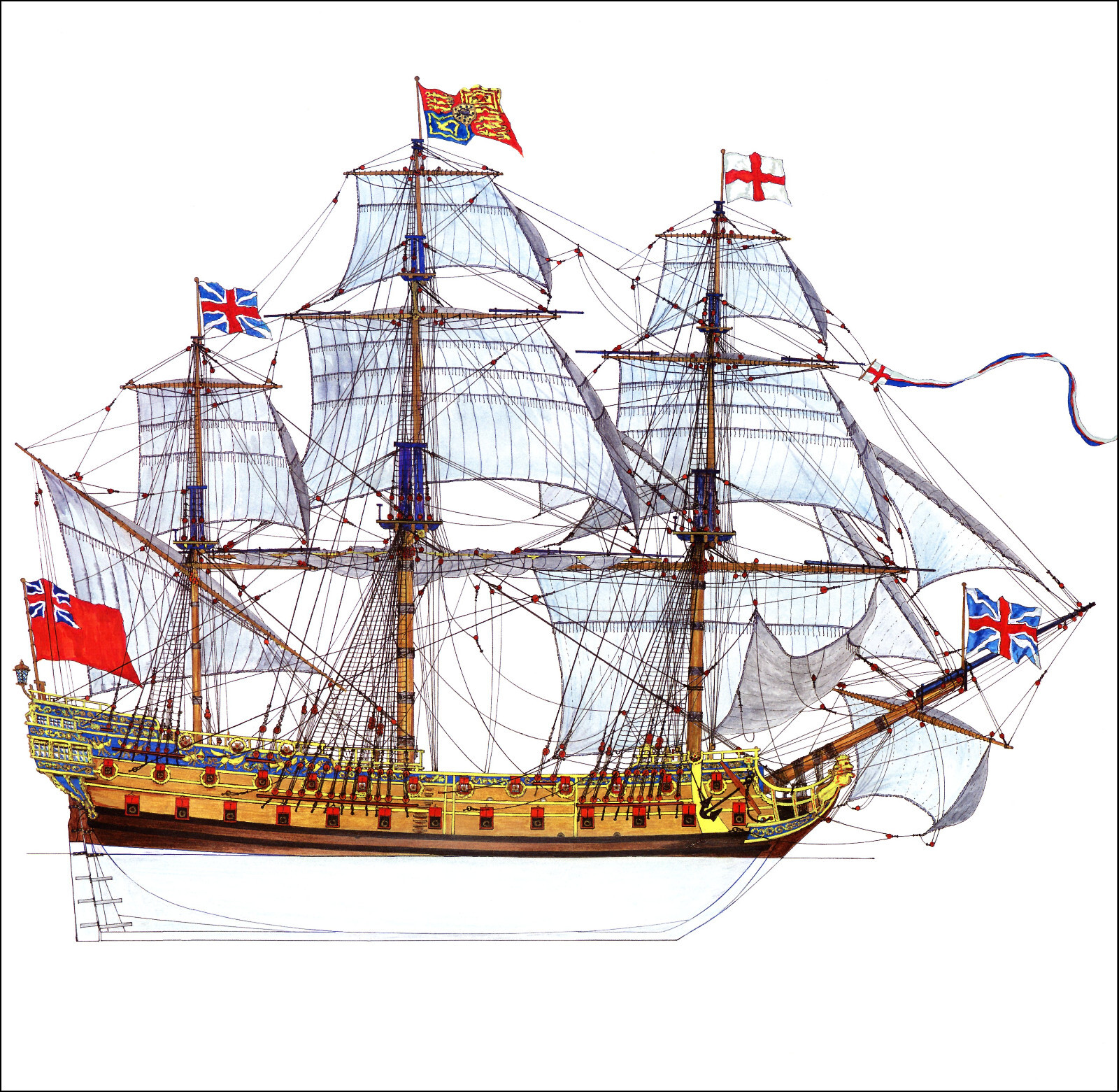 2000 Vintage Ship Print British Navy 60 Gun Ship 18th Century Britian England
