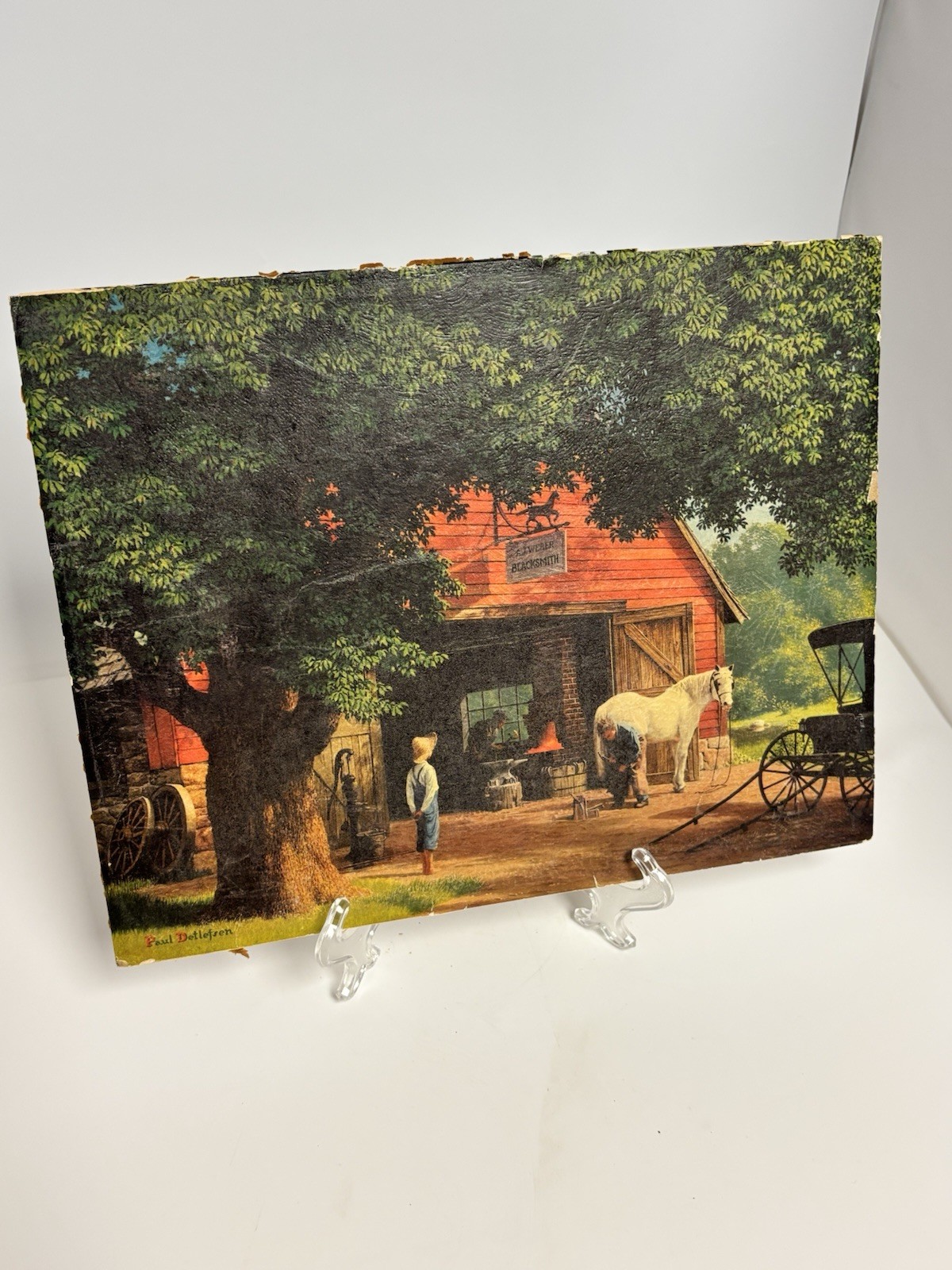 VTG Paul Detlefsen THE SMITHY Blacksmith-Textured Canvas Print 14″X9″ see pics