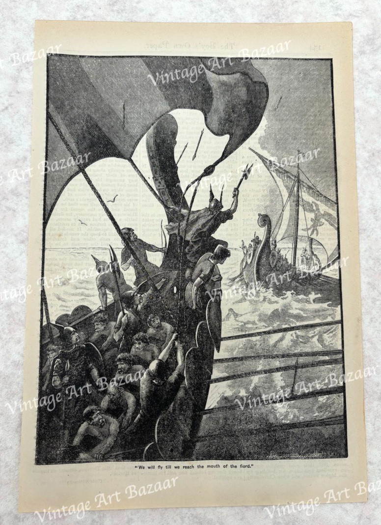 Vikings Warriors Viking Boat Illustration 1884 antique Victorian art print