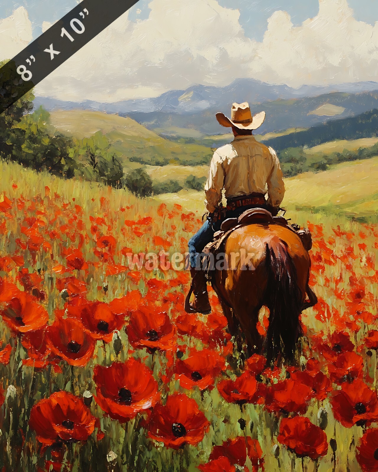 A cowboy riding through a field of red poppies oil Painting 8×10 Print