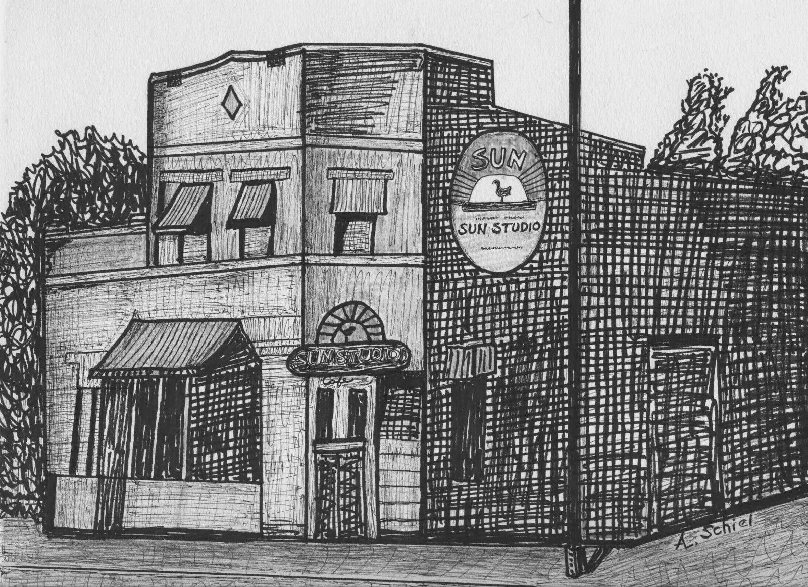 SUN STUDIO MEMPHIS TN 10″ x 13″ Framed Pen and Ink Print New