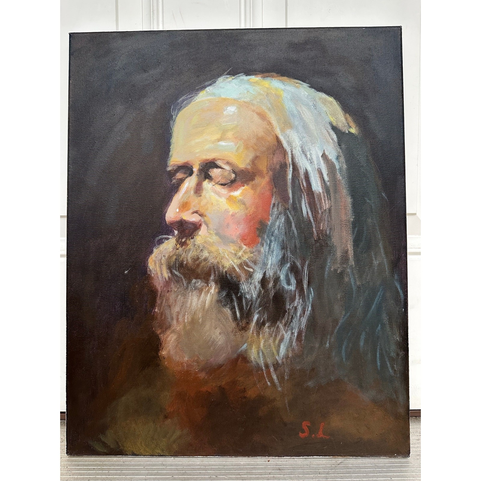 Hand painted portrait Painting study man’s face w/beard w/brushstrokes dark S.L.