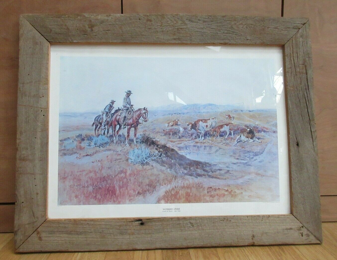 Charles Russell WORKED OVER Barn Wood Framed W/GLASS Western Theme Print