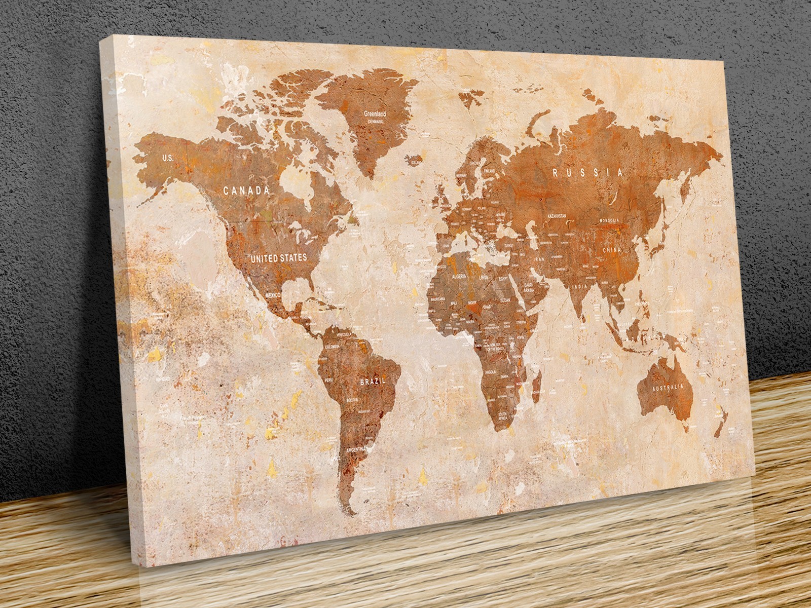 Title: Rustic Stone World Map Canvas Print – Vintage Wall Art – Earth Tones Deco
