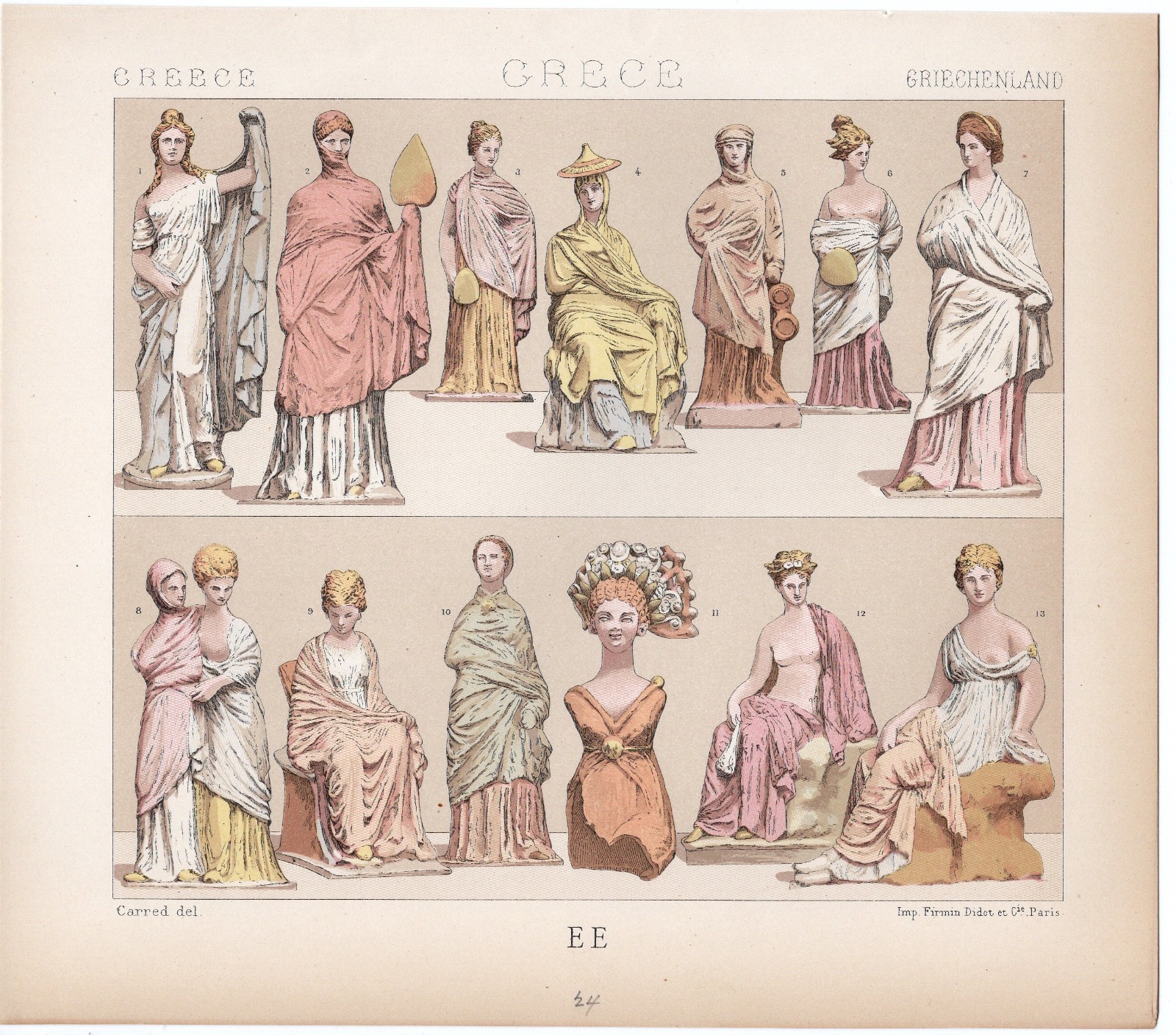 ANCIENT GREEK SCULPTURAL DRESS – RACINET PLATE – 1876 Antique Print