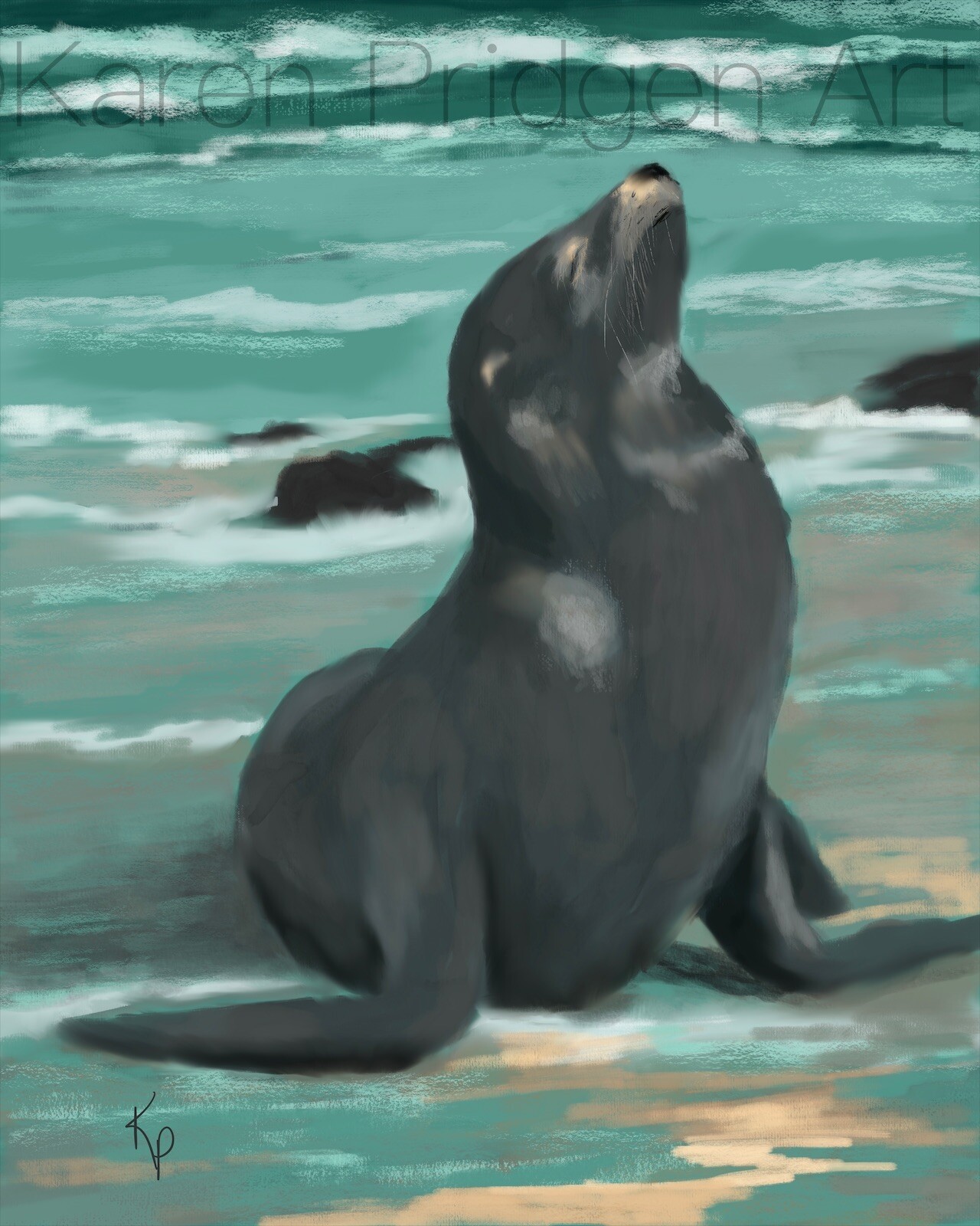 ACEO ATC Art Card Painting Print Signed Wildlife Seal Sea Lion Animal