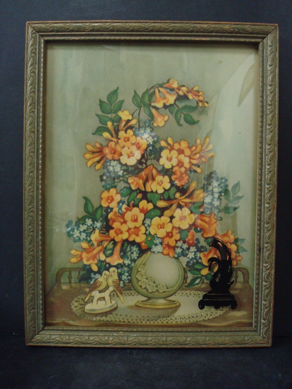 Vintage 1943 Lithograph Reverse-Painted Bubble Glass Silhouette, by Copr. S. Col