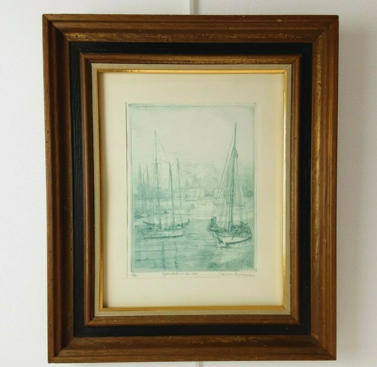 Mid 20th Century Don Swann Original Etching Art Oyster Boats In Spa Creek Signed