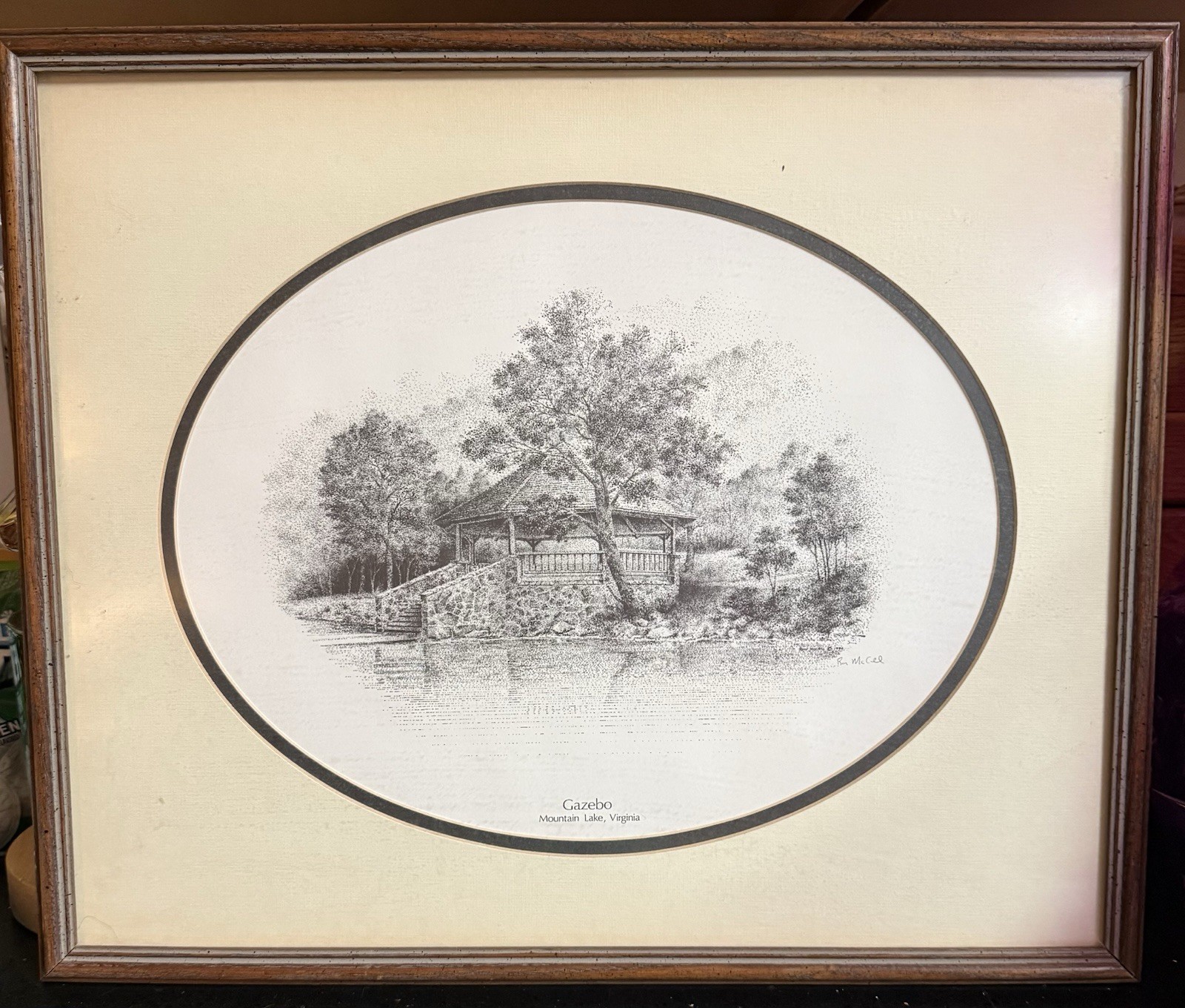 Pen And Ink Signed Framed Print Lake Mountain Gazebo Vtg Dirty Dancing Virginia