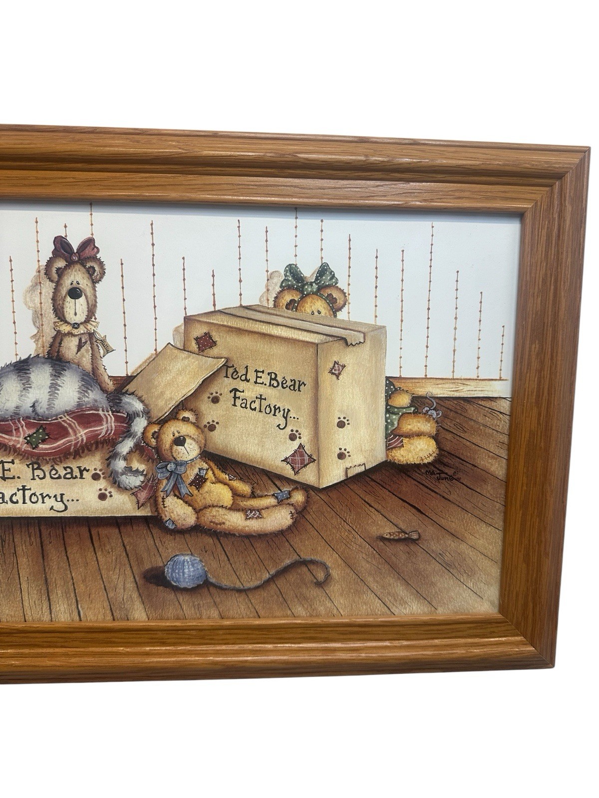 Ted. E. Bear Factory Print Wooden Framed Country Folk Art 22” x13” Mary Ann June
