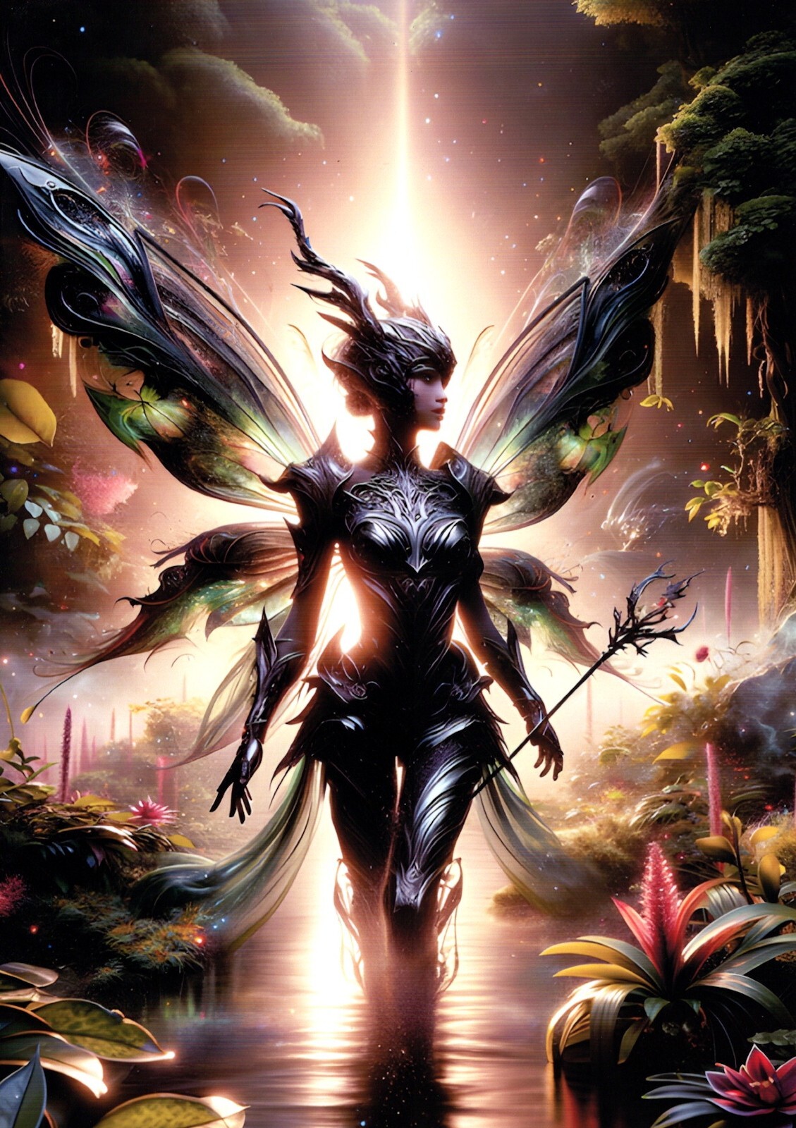 Warrior Fairy with Shiny Black Armor in Fantasy Forest – A4 Size Print