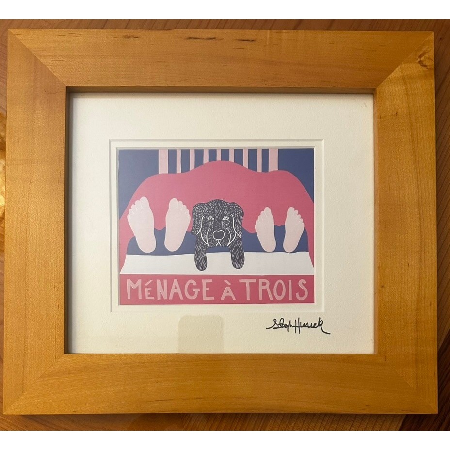 Stephen Huneck Menage a Trois Signed Art Print Framed Black Lab Dog Folk Art