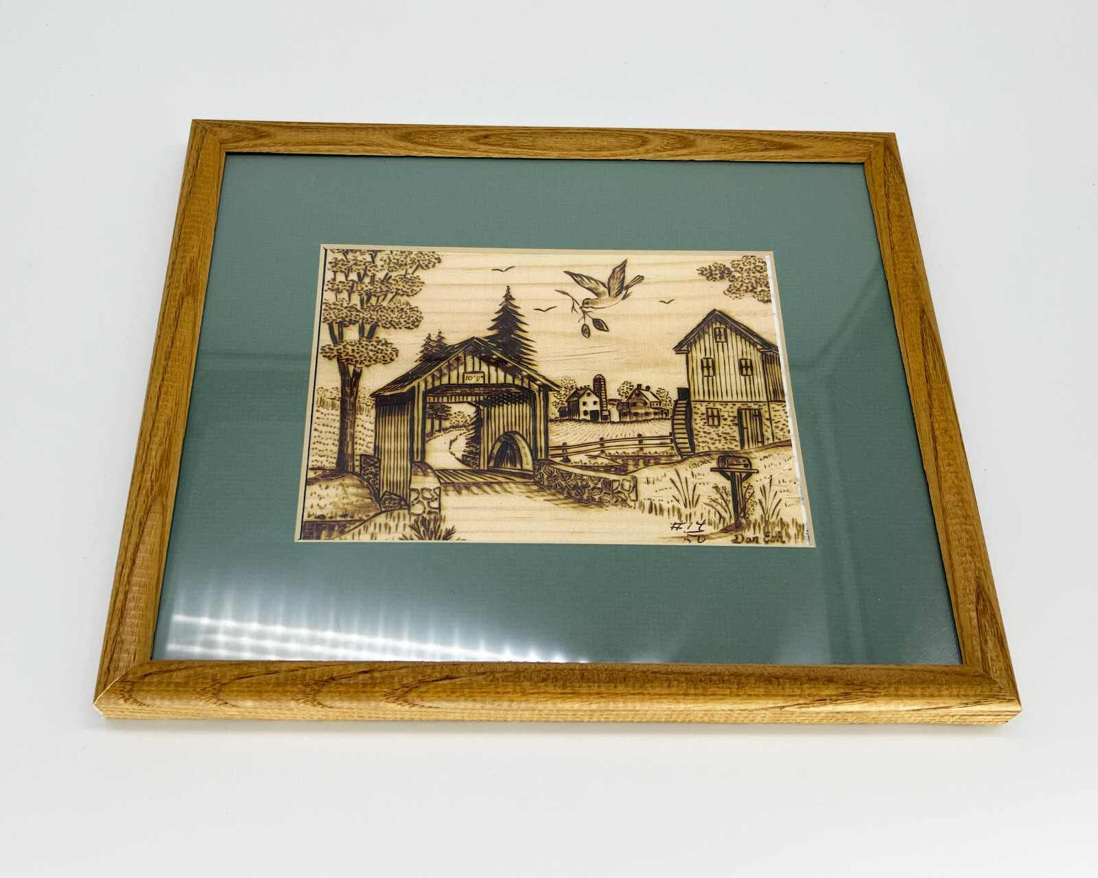 Artist Signed Numberd Framed Pyrography Covered Bridge Grist Mill Folk Art Print