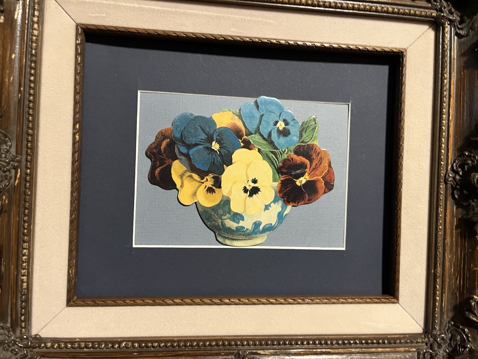 Art Print Pansies In Ornate Wood Frame 13 X 15 NOTE FRAME CONDITION