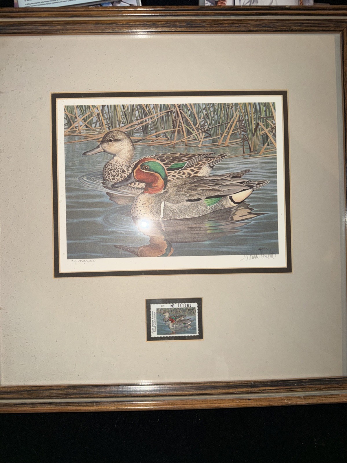 1991 North Dakota Duck Framed Stamp & Print Signed by Tom Hirata CE 143/200