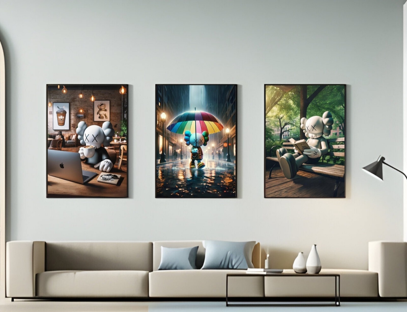 Set of 3 Peaceful Kaws Life Art pieces canvas wall home decor Portrait Gallery