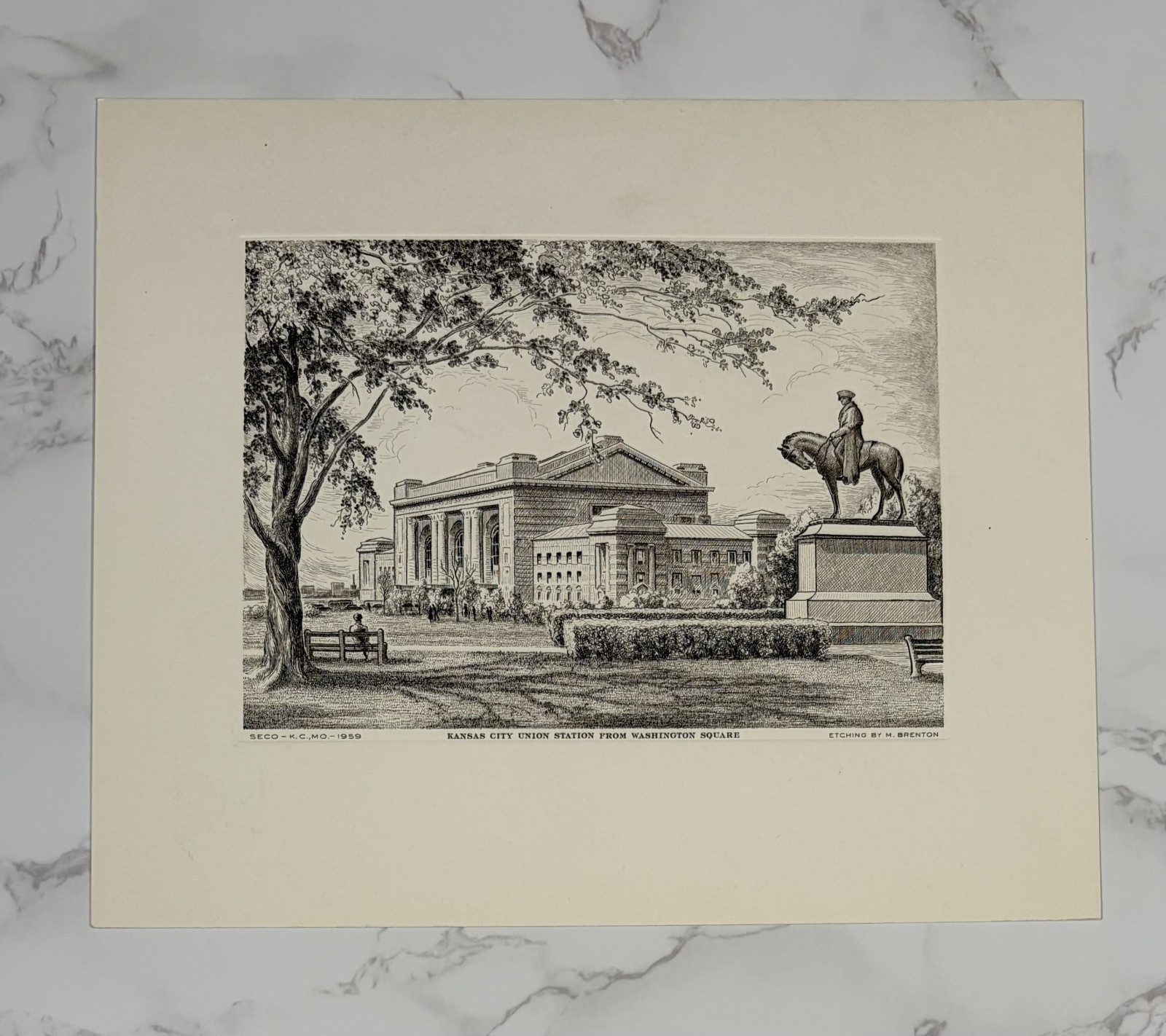 Lot of 2 Vintage Kansas City Missouri Art Etchings The Scout & Union Station
