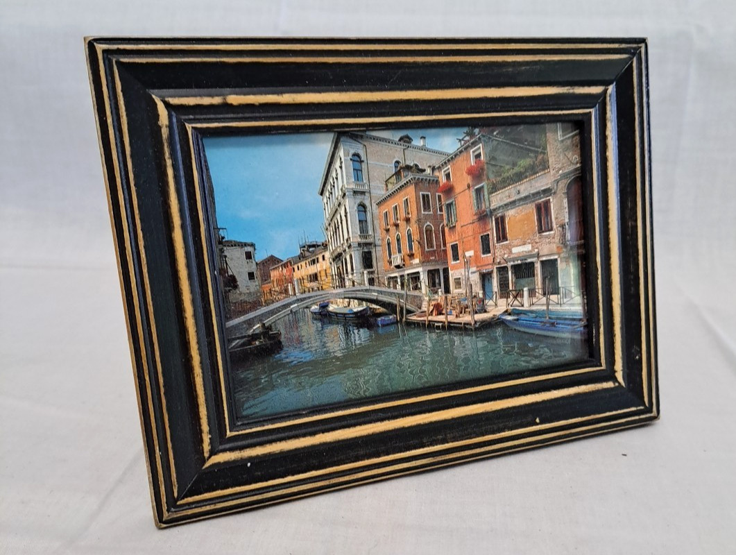 VTG Distressed Framed Hand Tinted litho “Canal With Reflections” Venice, Italy