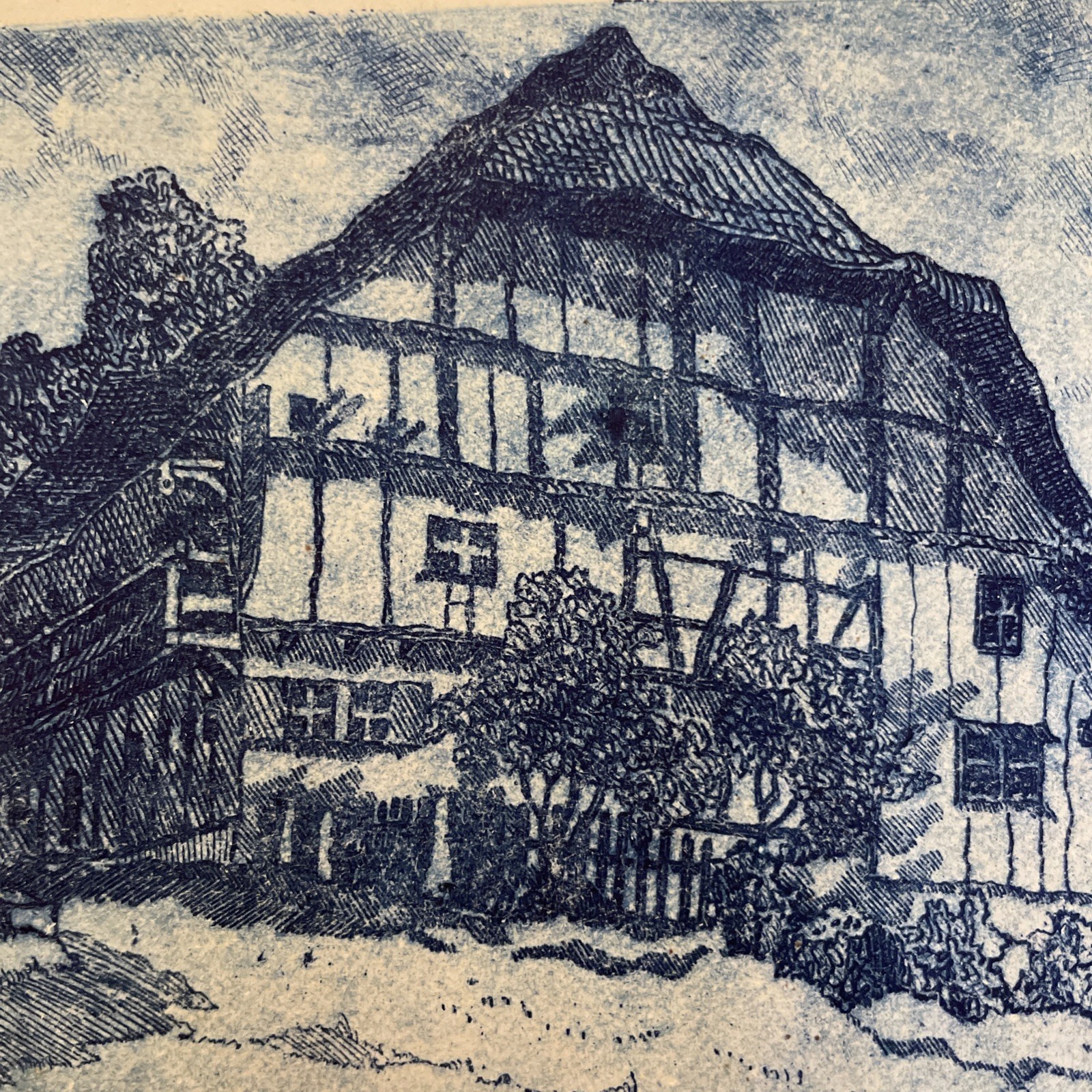 Blue Inked Etching Of A Half-Timbered House in Germany 1930’s Signed