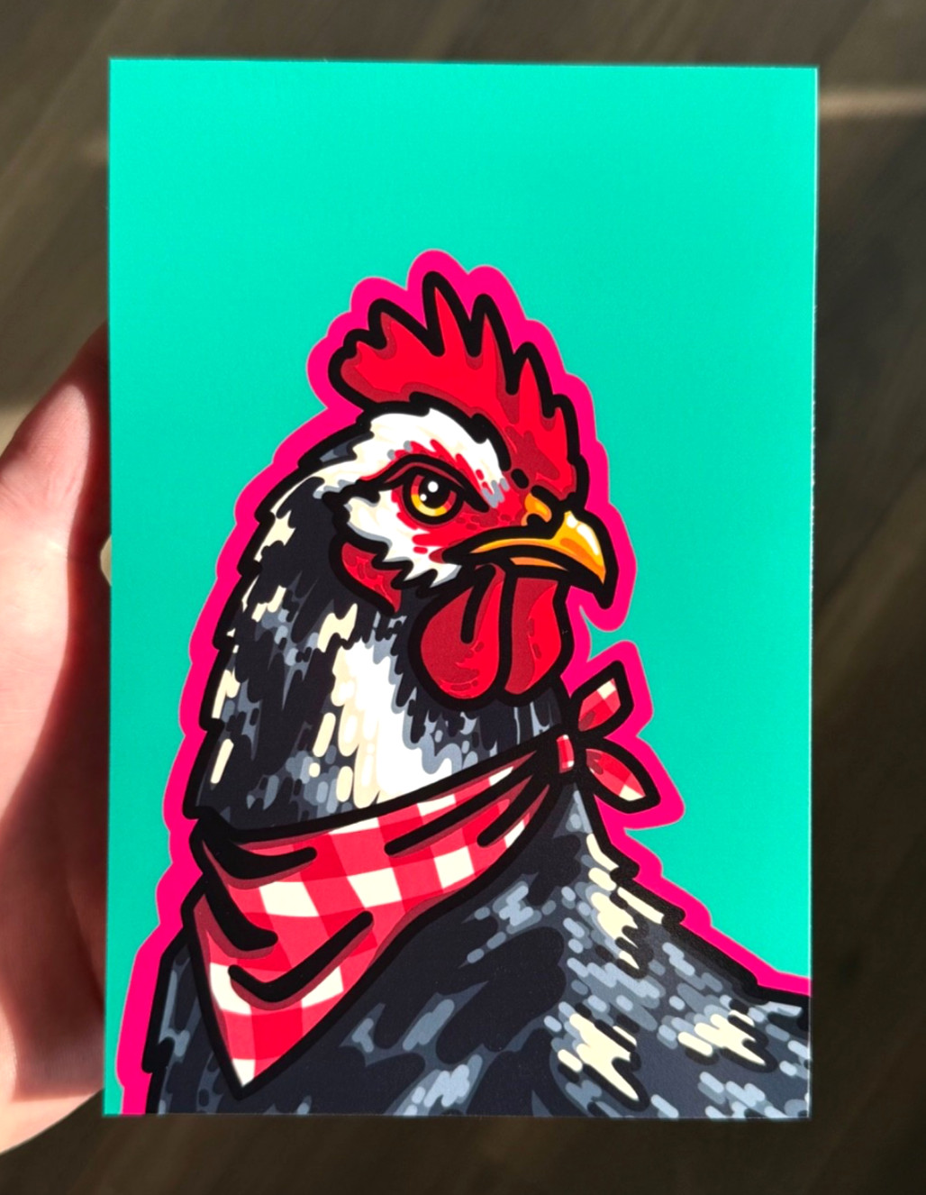 PRINT – “Gingham Spring Chicken” digital illustration on satin paper, 4×6 inches