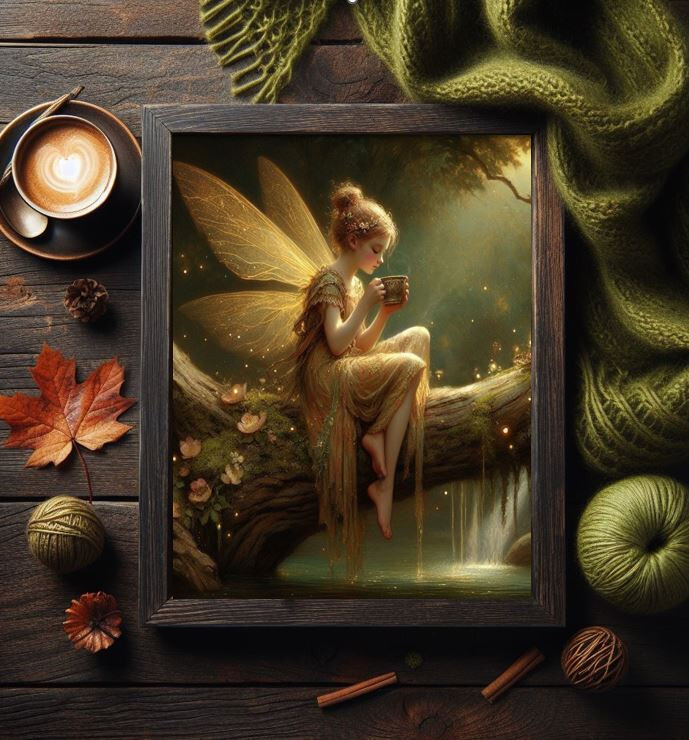 Fairy drinking Coffee in Forest Fantasy Vintage 18th century painting print Art
