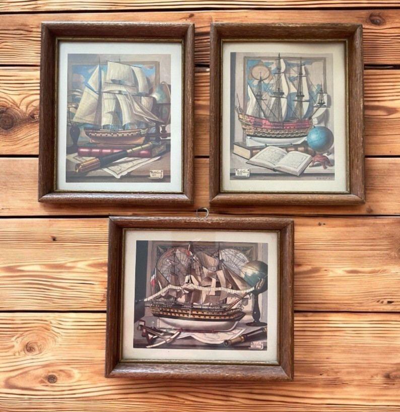 Vintage Nautical Mini Art Prints Charles Cerny Navigating Sailing Ships Globe
