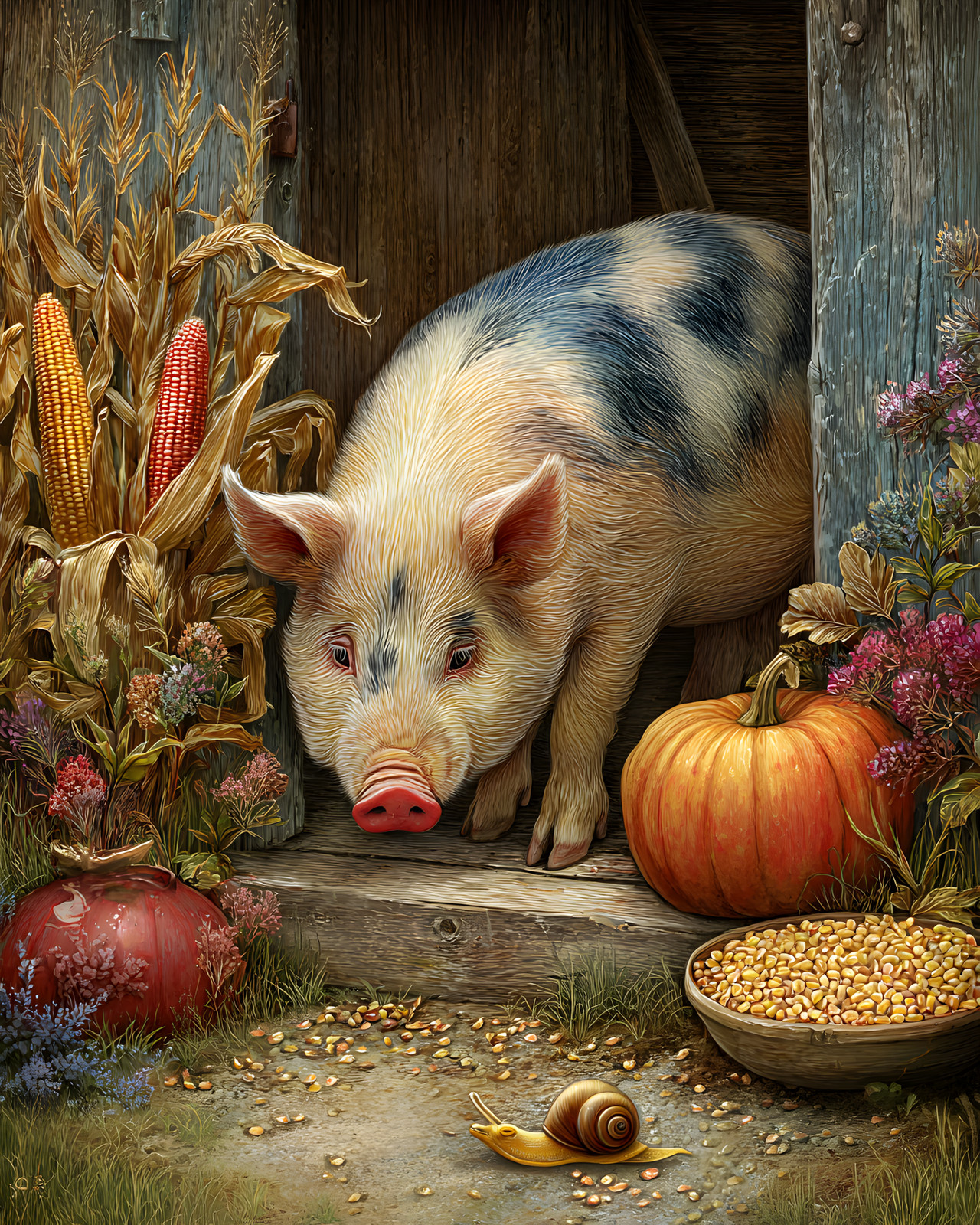 8×10 Cozy Storybook Pig in Barn Art Print Classic Illustration – 865252617