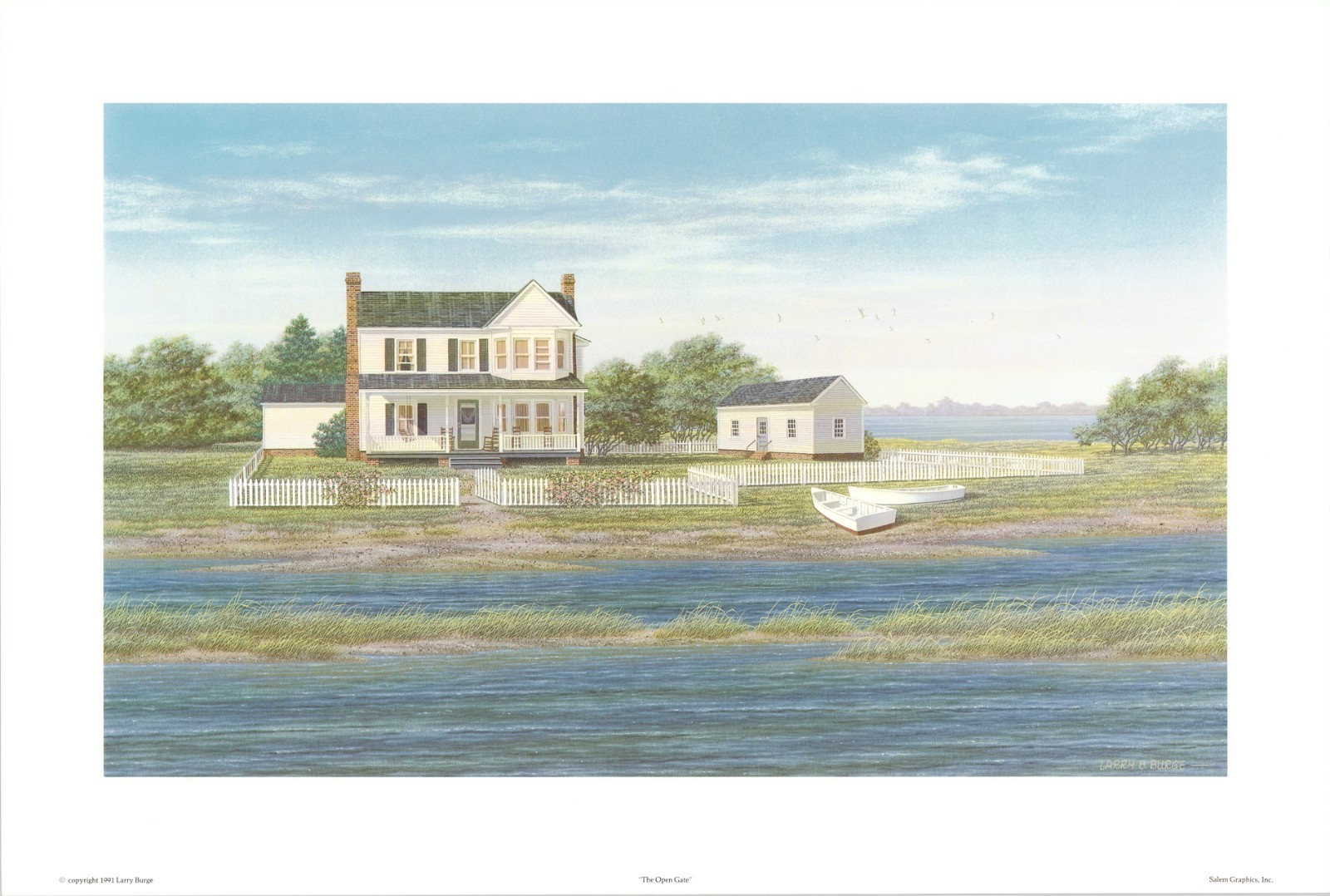 Larry B Burge The Open Gate House Surrounded by White Gate Boats 25.5×17.25 in