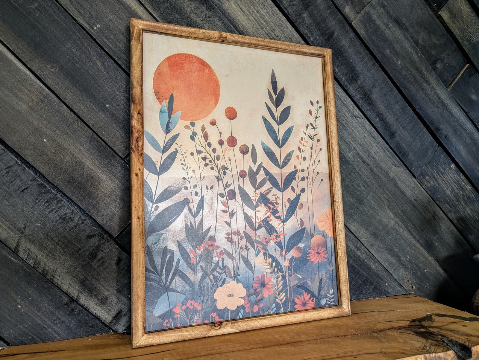 Boho Sunset Botanical Print – Mid Century Floral Wood Framed Art – 12 x 16 in