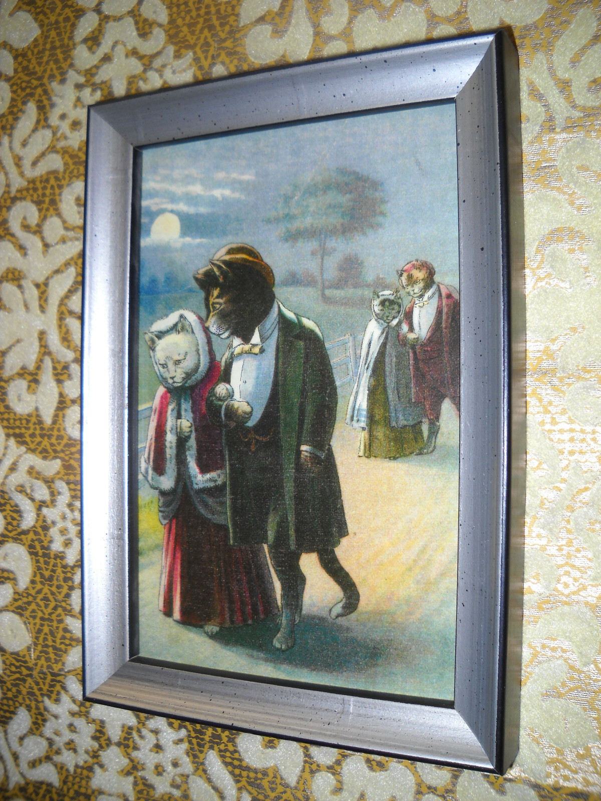 CATS MOON LIGHT WALK 4 X 6 silver WOOD framed cat picture Victorian style print