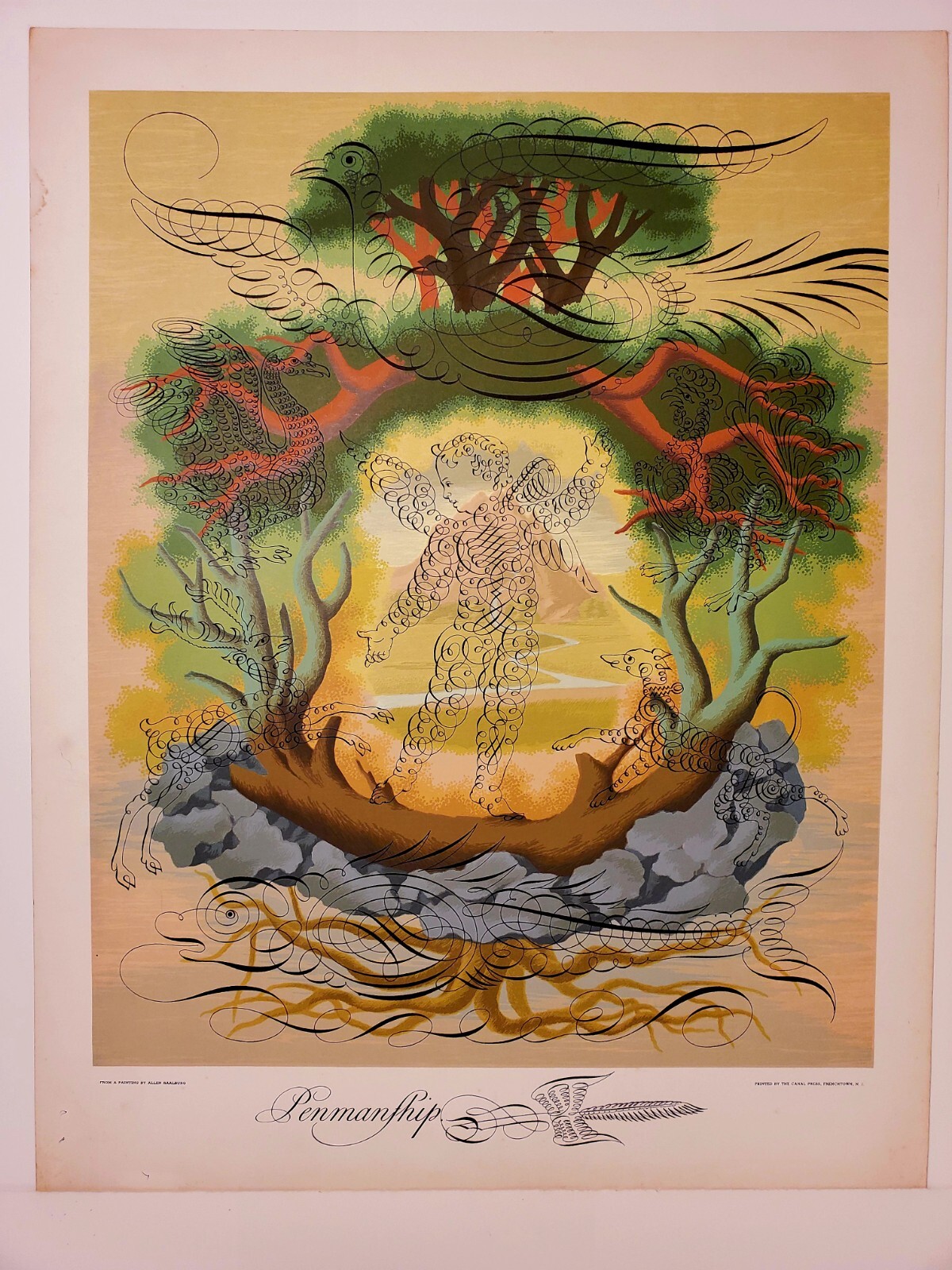 American Folk Art PENMANSHIP MCM Silk Screen Serigraph ALLEN SAALBURG NJ 1950