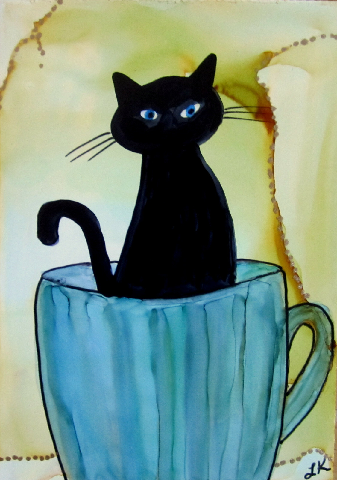Aceo art PRINT black Cat in blue cup by Lynne Kohler 2.5×3.5″