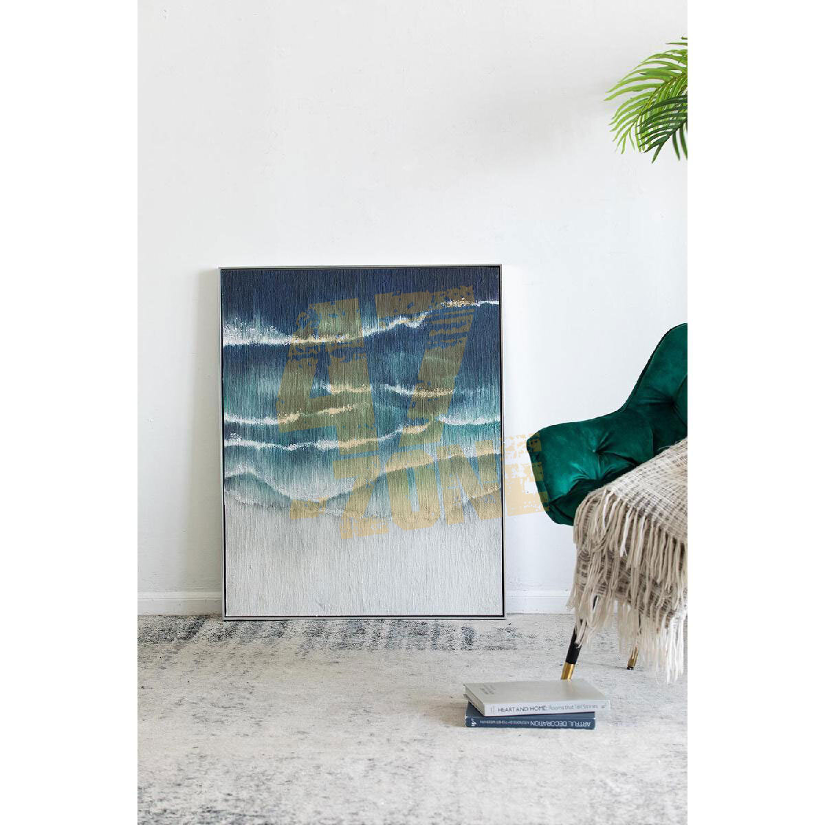 Framed Gesso Canvas Wall Art Decor Blue Cream Indoor Outdoor Living Dining Room
