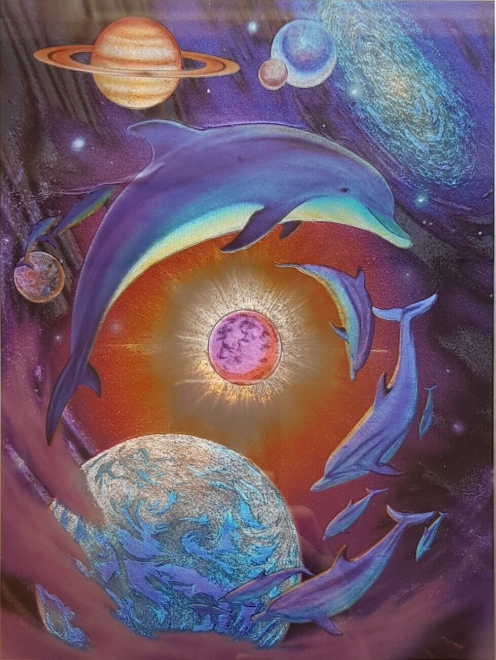 16x21cm Foil Finish Art Print MILLENNIUM DOLPHINS Planets FRAMED Foiled DUFEX