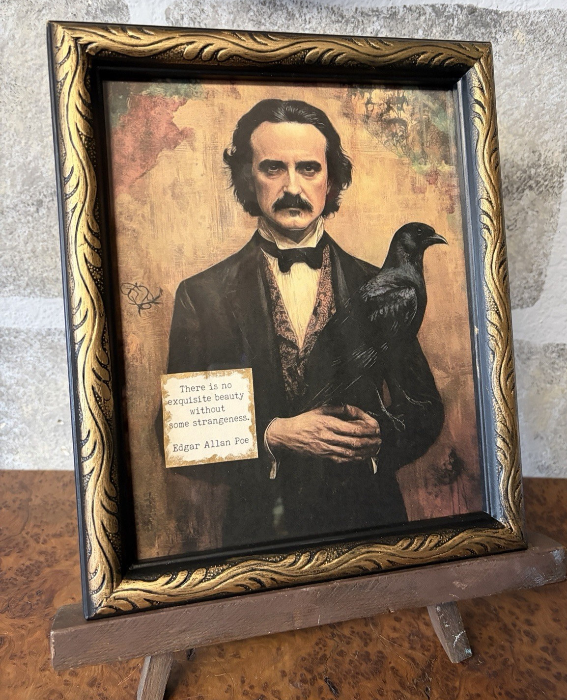 Edgar Allan Poe Portrait Print w/Raven & Quote Black & Gold Ornate Frame 11.5″