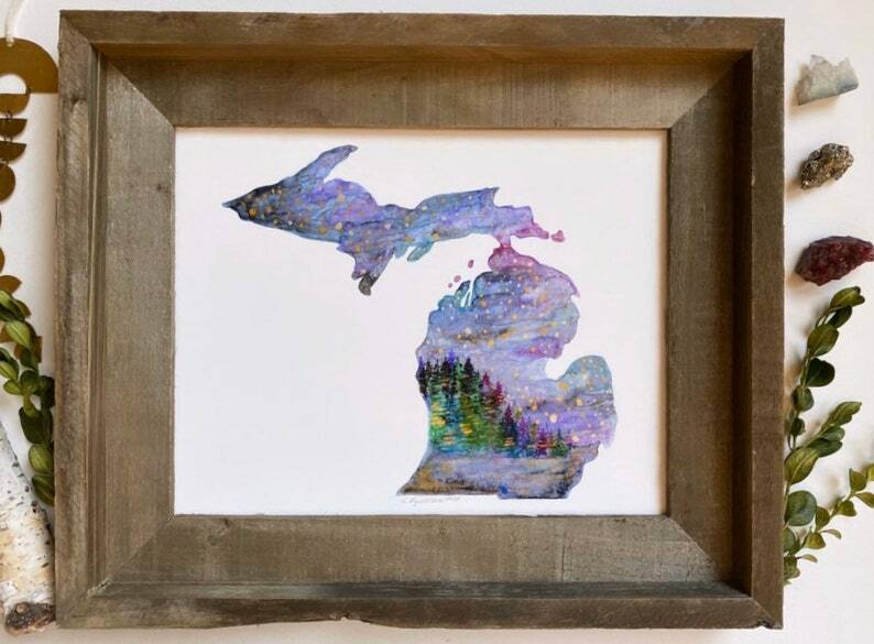 Michigan Art Print Map State Watercolor Painting Purple Blue Night Sky Stars