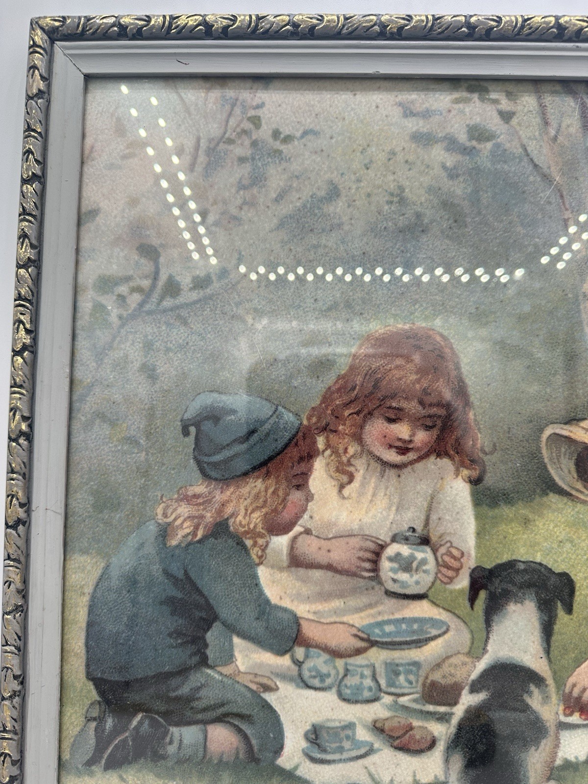 Litho Art Print Victorian Children Playing Tea Party Framed