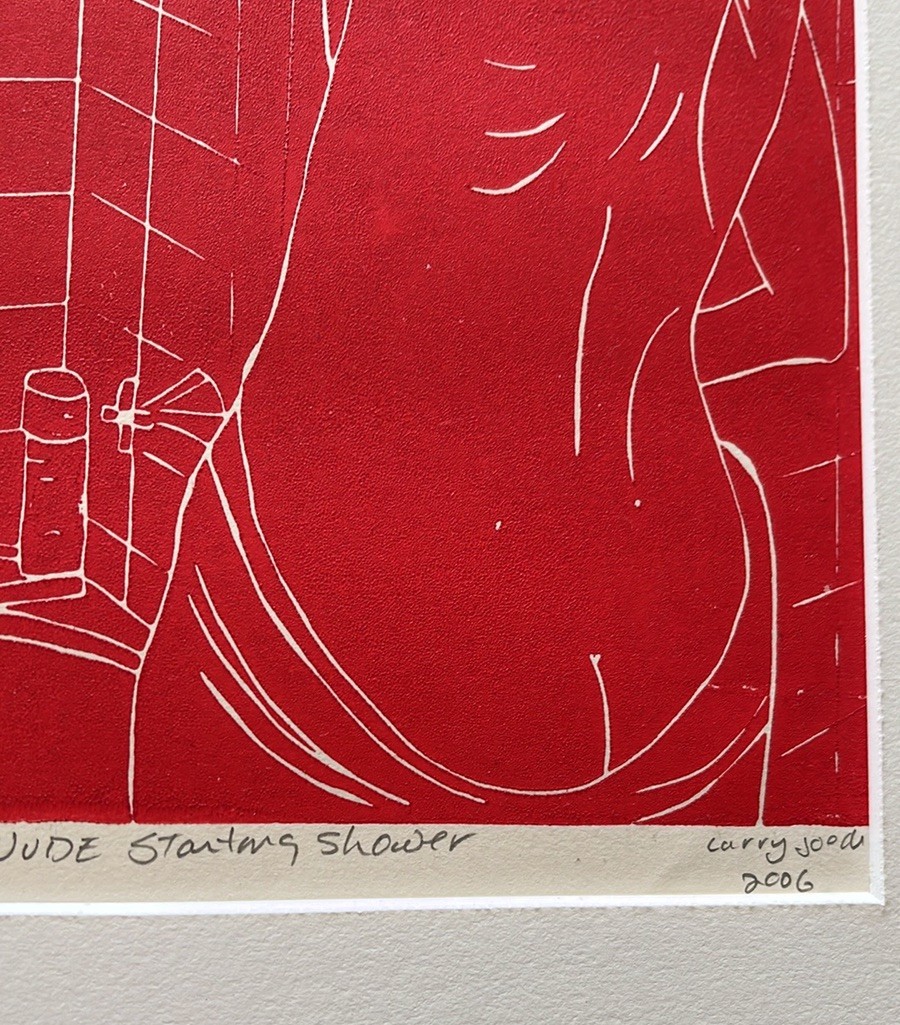 Larry Joe Miller~NUDE STARTING SHOWER Linocut Print 8/50 Signed 2006 Lesbian